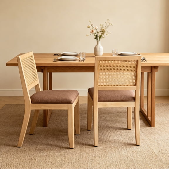 AUU Tan Set of 2 Farmhouse Rattan Dining Chairs Mid-Century Modern Cane Low-Back Design, Natural Solid Wood Frame for Kitchen or Dining Room