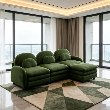 AUU Teddy Fabric Cloud-Like 3-Seat Modular Sectional Sofa with Curved Backrest and Armrest, Curved Lumbar Pillows, Movable Ottoman, and Supportive Double-Layer Cushion