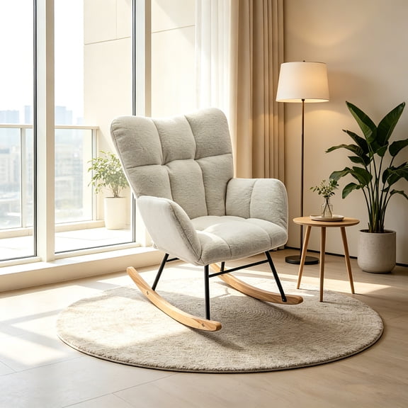 AUU Teddy Fabric Rocking Glider Chair for Living Room Indoor, Ivory