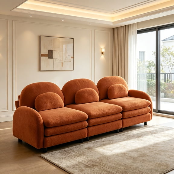 AUU Teddy Fabric Soft Cloud-Like 3-Seat Sofa, Modular Couch with Curved Backrest and Armrest, Curved Lumbar Pillows, and Supportive Double-Layer Cushion