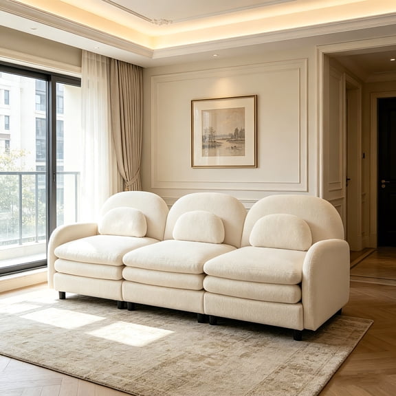 AUU Teddy Fabric Soft Cloud-Like 3-Seat Sofa, Modular Couch with Curved Backrest and Armrest, Curved Lumbar Pillows, and Supportive Double-Layer Cushion