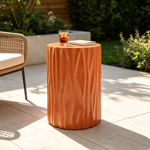 AUU Terracotta Wave-Textured MGO Cylindrical Side Table – Pre-Assembled Accent End Stool with 66 lb Capacity, Indoor/Outdoor Multi-Use for Living Room, Patio, or Balcony