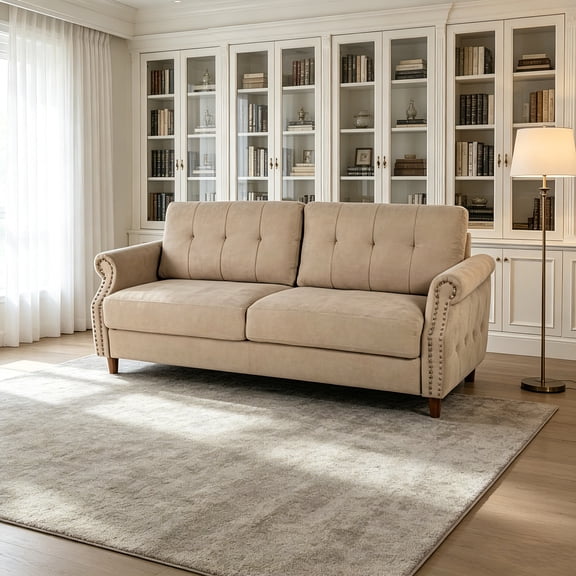 AUU Transitional 2-Seater Loveseat Sofa with Button Tufting, Rolled Arms & Nailhead Trim – Polyester Fabric, Solid Pine Frame, Round Rubber Legs for Living Room