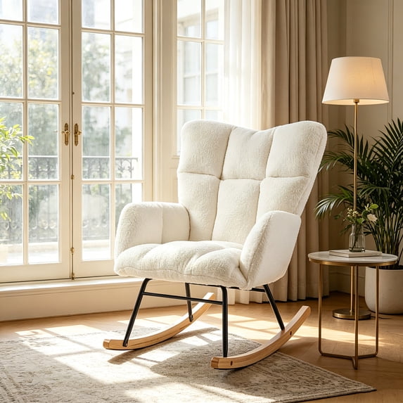 AUU Tufted Teddy Fabric Glider Rocking Chair for Living Room, Upholstered Accent Chair with Metal Frame