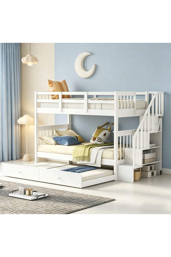 AUU Twin Over Twin Bunk Bed with Stairway and Twin Trundle, Space-Saving Bed for Bedroom Dorm Adult