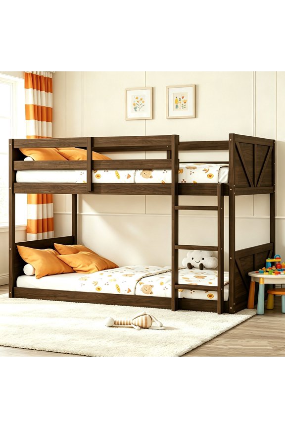 AUU Twin Over Twin Low-Profile Bunk Bed with Panel Headboard & Footboard – Solid Rubber Wood Frame, Safety Guardrails, Built-in Ladder