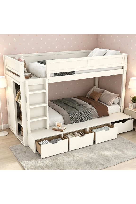 AUU Twin Over Twin Solid Wood Bunk Bed with 4 Storage Drawers, Built-In Wardrobe & Full-Length Guardrails – No Box Spring Needed