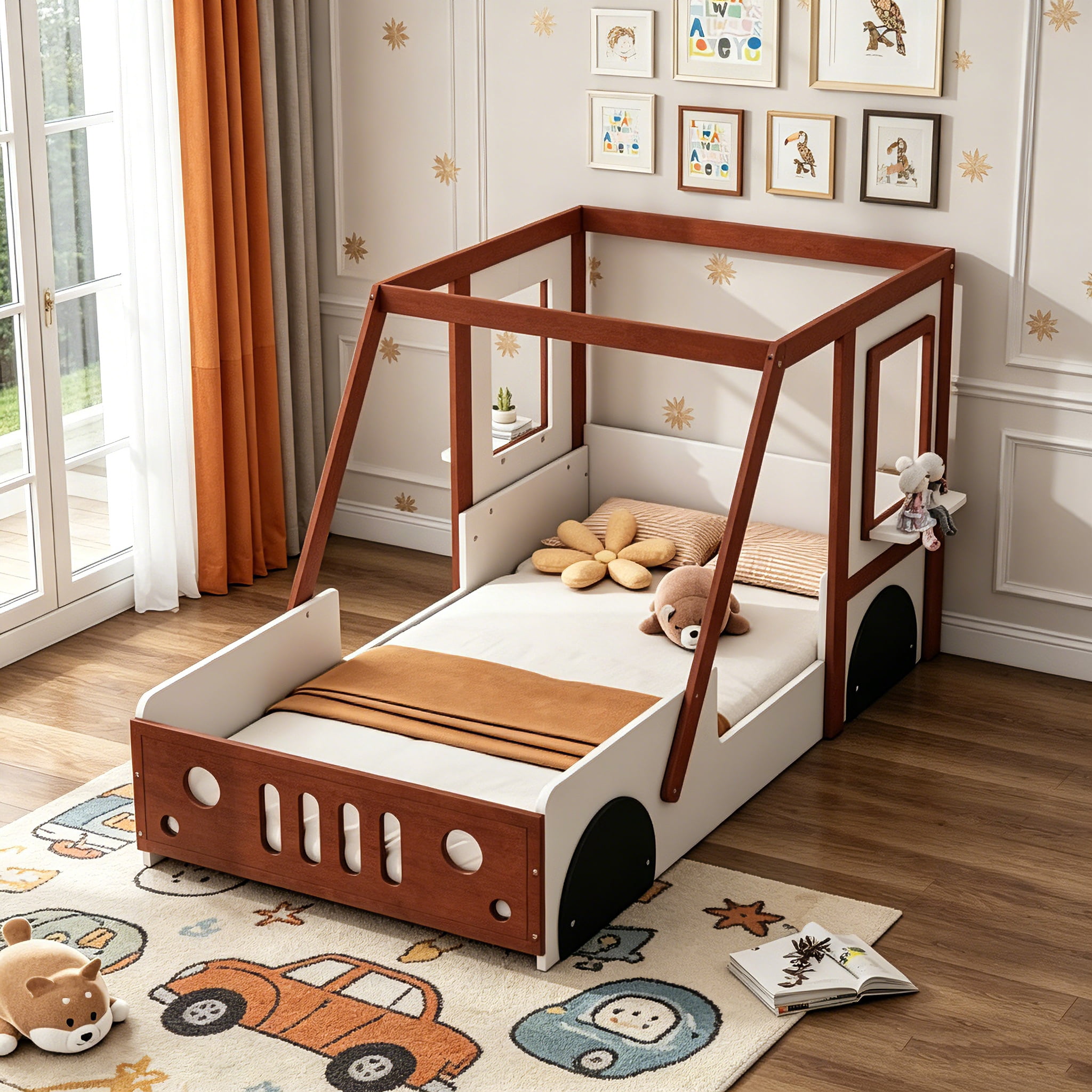 AUU Twin Size Car-Shaped Platform Bed, White and Orange Car Design with Fun Play Style