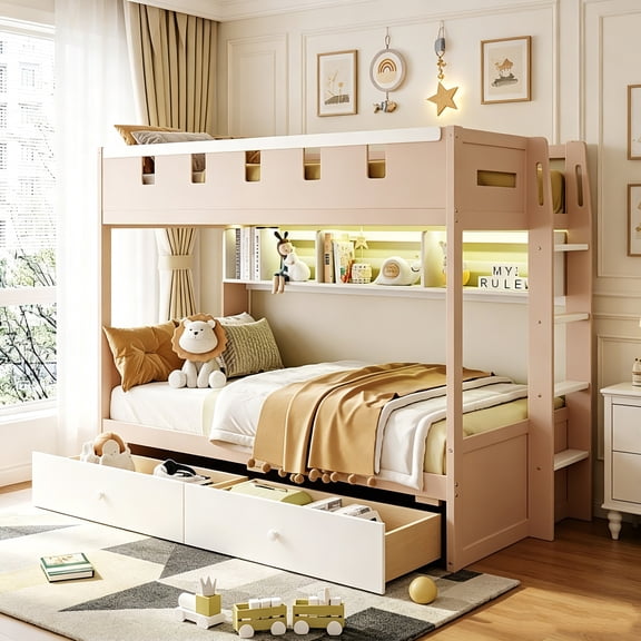 AUU Twin Size Castle Style Bunk Bed with 2 Drawers, Shelf and LED Lights