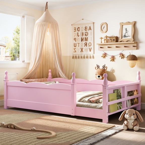 AUU Twin Size Floor Bed with Full-Length Safety Rails & Attached Side Shelf, Low‑Profile Platform Bed with Built‑In Storage, No Box Spring Required, for Bedroom or Guest Room