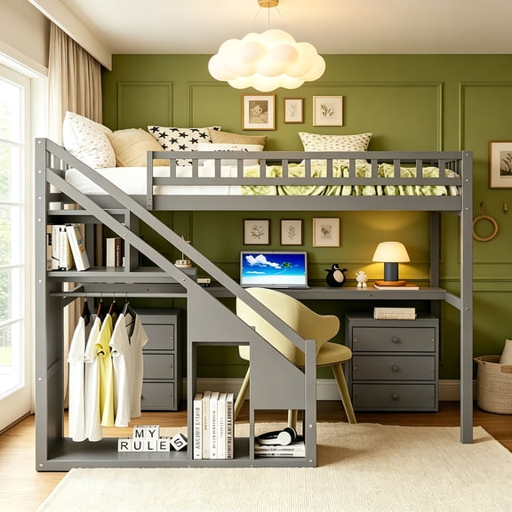 AUU Twin Size Loft Bed with Two Chests of Drawers, Desk, and Light Strip – Space-Saving Bed with Storage and Workstation
