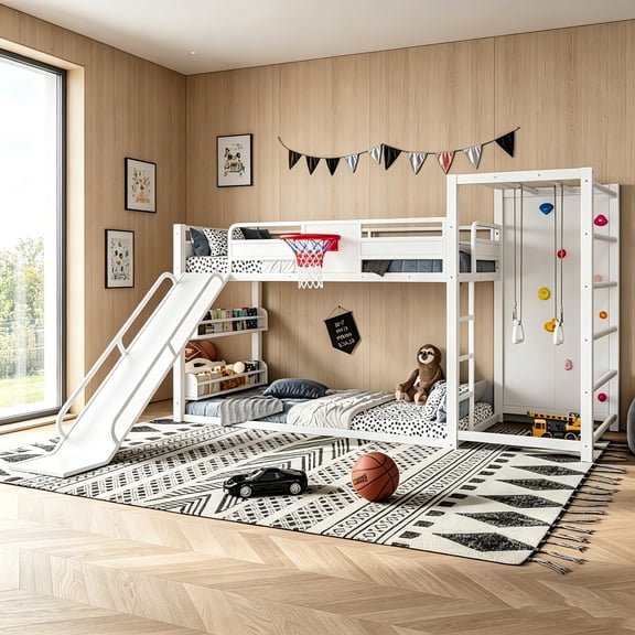 AUU Twin Size Metal Loft Bunk Bed with Basketball Hoop, Pull-Up Rings, Climbing Wall, Built-In Bookshelves, and Slide, White