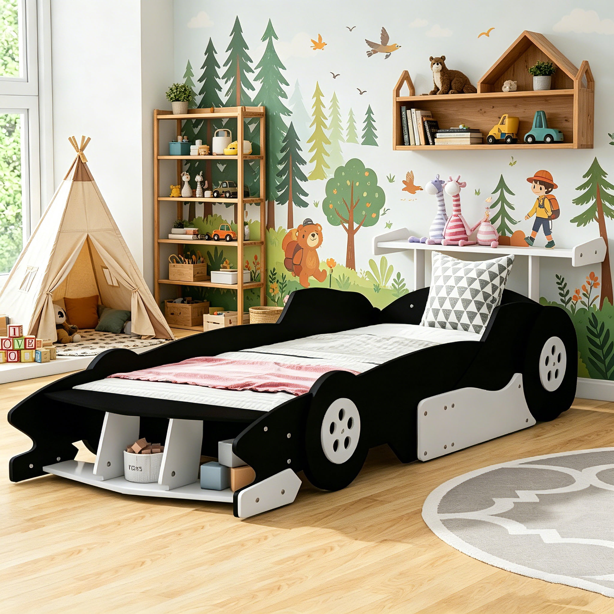 AUU Twin Size Race Car-Shaped Platform Bed with Decorative Wheels, No Box Spring Needed