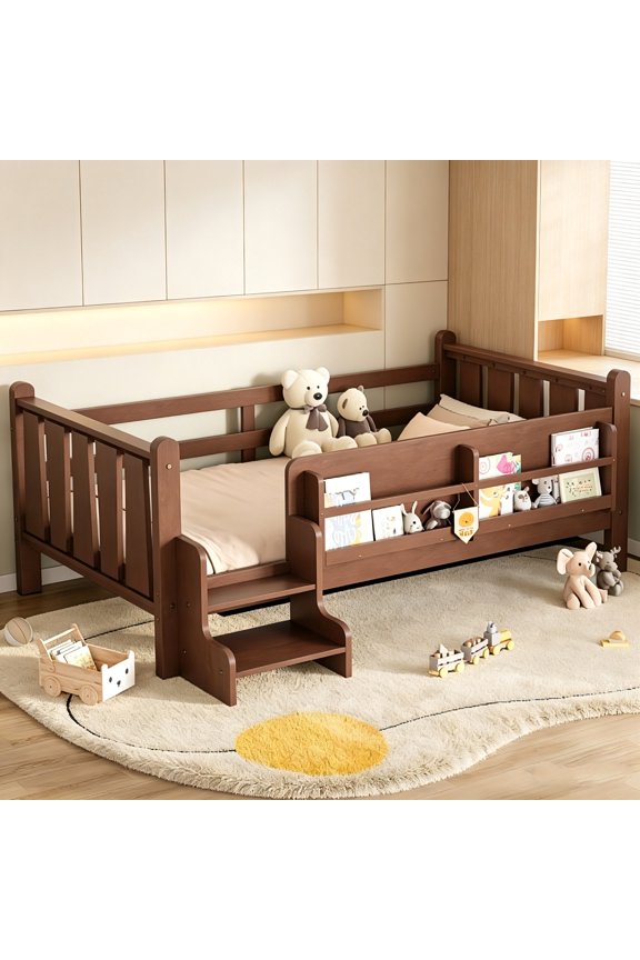 AUU Twin Size Solid Wood Floor Bed with Storage Bookcases, Built-in Stairs and Guardrails, No Box Spring Needed