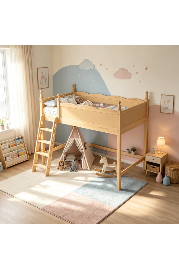 AUU Twin Size Solid Wood Low Loft Bed with Ladder, Full-Length Safety Guardrails & Spacious Under-Bed Area – Sturdy Frame, No Box Spring Needed for Bedroom, Guest Room, or Dorm