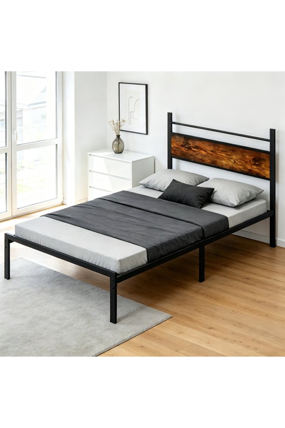 AUU Twin Size Upholstered Platform Bed Frame with Charging Station, Wooden Storage Shelf & Under-Bed Clearance  Sturdy Steel Slat Support, No Box Spring Needed, Black