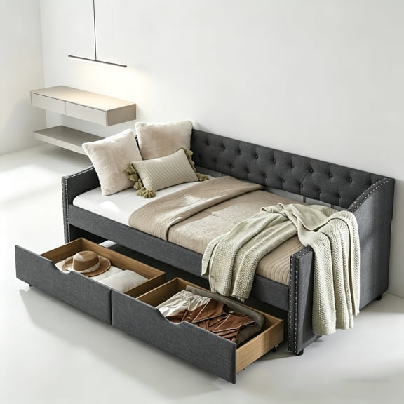 AUU Twin Size Upholstered Tufted Daybed with 2 Drawers, Button-Tufted Back and Copper Nailhead Trim on Waved Arms, Sofa Bed for Guest Room Living Room, 81.5" L x 41" D x 30.5" H