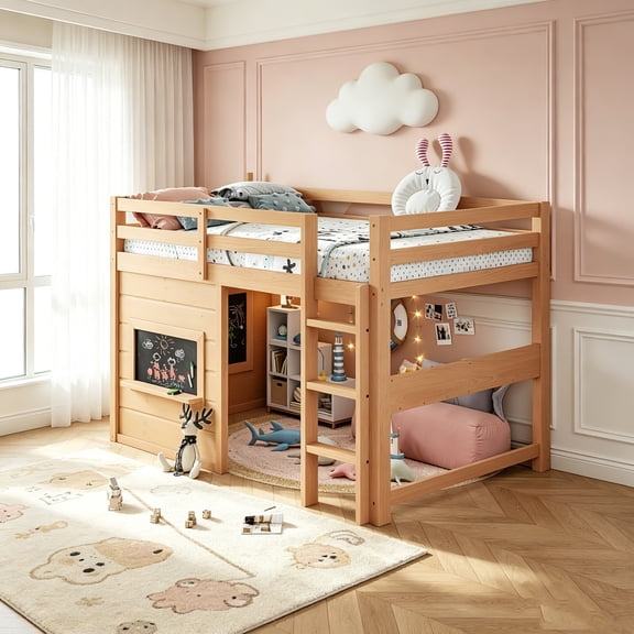 AUU Twin Size Wooden Loft Bed with Sliding Chalkboard Panel, Built-in Bookshelf & Safety Guardrails – Space-Saving Elevated Bed Frame for Bedroom, Studio, or Multi-Purpose Room
