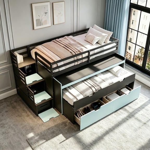 AUU Twin XL Loft Bed with Pull-Out Desk & Twin Trundle – Multi-Functional Space-Saving Bedframe with 2 Storage Drawers, Storage Steps, and Workstation for Bedroom or Dorm