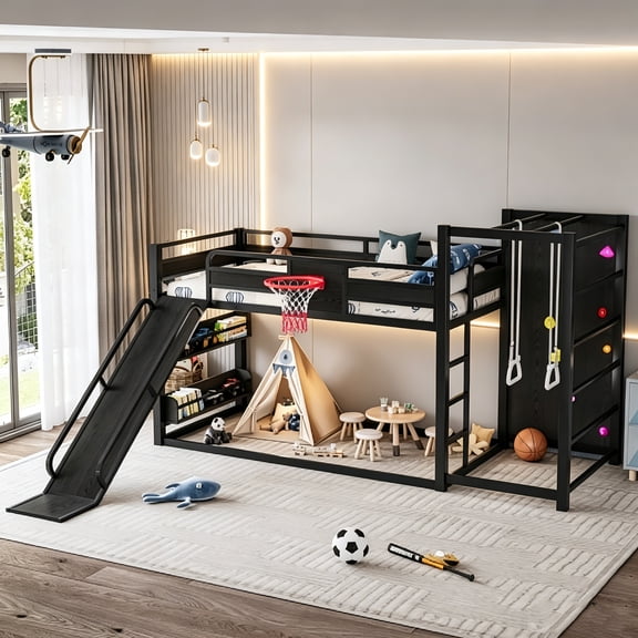 AUU Twin XL Metal Loft Bunk Bed with Basketball Hoop, Pull-Up Rings, Climbing Wall, Built-In Bookshelves and Slide, Black