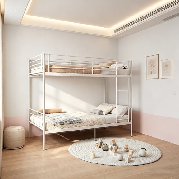 AUU Twin over Twin Metal Bunk Bed with Ladder and High Guardrail, Split-Able Design, Storage Space, Noise-Free, White