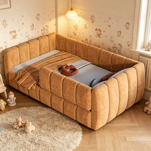 AUU Upholstered Floor Daybed with Removable Guardrails, High Headboard & Footboard, Compatible with Standard US Twin Mattress