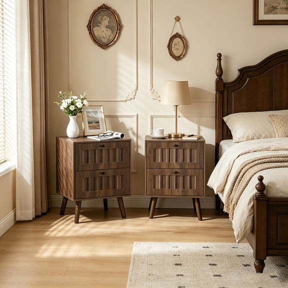 AUU Walnut Medieval Modern 2-Drawer Nightstand Set of 2, Solid Wood Legs Bedside Table for Bedroom, 15.75" x 15.75" x 22.64"