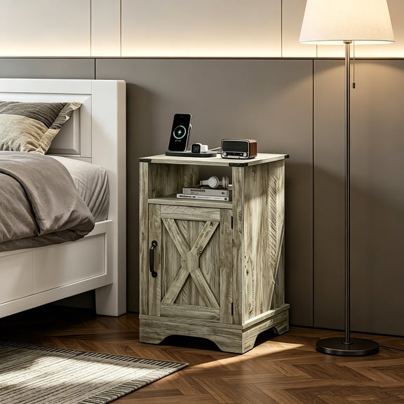 AUU Warm Grey Farmhouse Nightstand with Charging Station Rustic Wood End Table for Bedroom or Living Room, Single Unit (16"D x 16"W x 25"H)