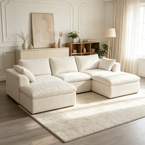 AUU White 108.3-Inch L-Shaped 5-Seat Modular Sectional Sofa with Double Chaise, Oversized Deep-Seat Corner Couch, Vacuum Compressed & Tool-Free Assembly, Textured Woven Fabric for Living Room