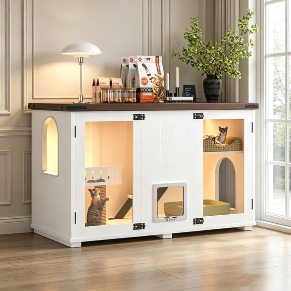 AUU White 47.25-Inch Large Cat Litter Box Enclosure with LED Light Hidden Cat Furniture with Stairs, Scratching Post & Smart Doors, Side Table for Living Room