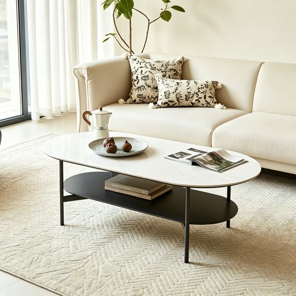 AUU White Ceramic Double Layer Coffee Table with Coffee Brown Bottom Shelf, Painted MDF Frame for Living Room