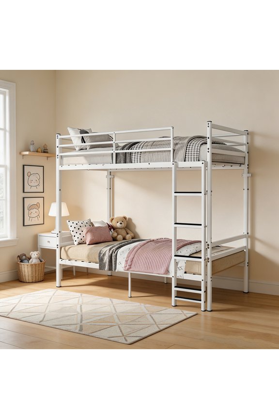 AUU White Twin-Over-Twin Metal Bunk Bed with Ladder & Safety Guardrails  Sturdy Steel Frame Supports 275 lbs, No Box Spring Needed for Dorm, Guest Room, or Shared Bedroom