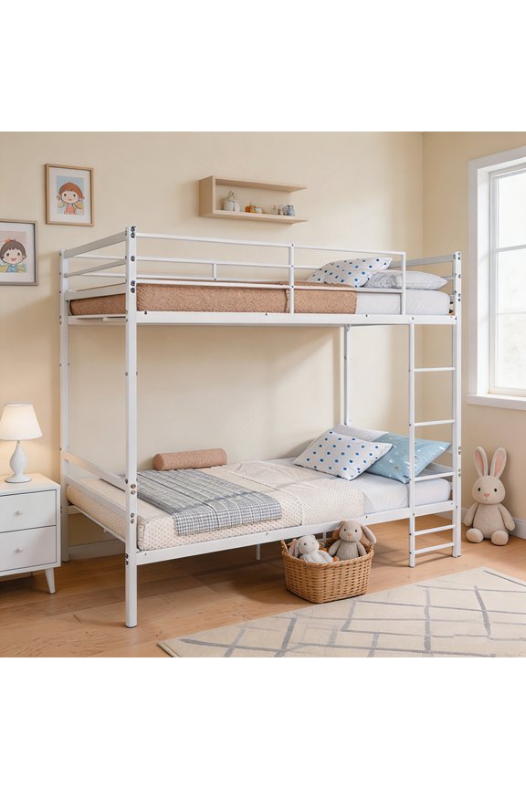 AUU White Twin-Over-Twin Metal Bunk Bed with Ladder & Safety Guardrails  Sturdy Steel Frame Supports 275 lbs, No Box Spring Needed for Dorm, Guest Room, or Shared Bedroom