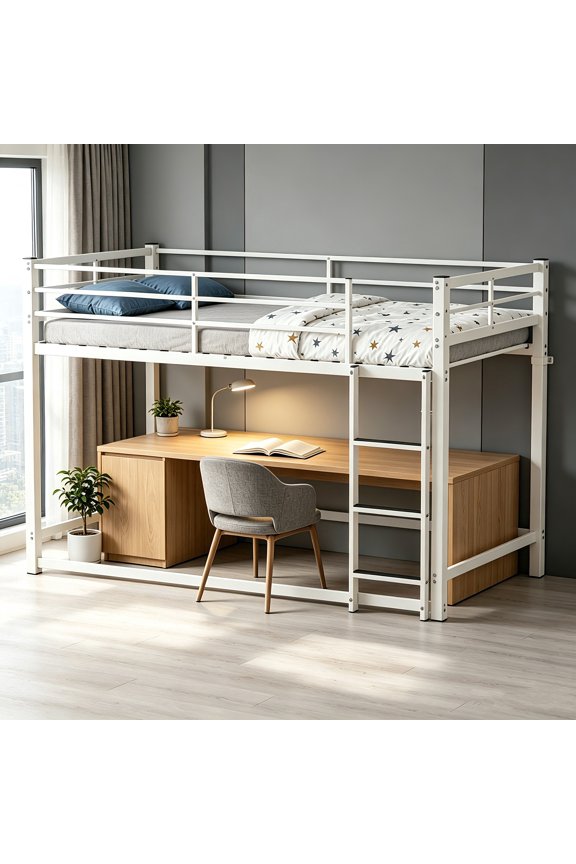 AUU White Twin-Over-Twin Metal Bunk Bed with Ladder, High Safety Rails & Storage  Quiet, Squeak-Resistant Frame for Bedroom or Guest Room