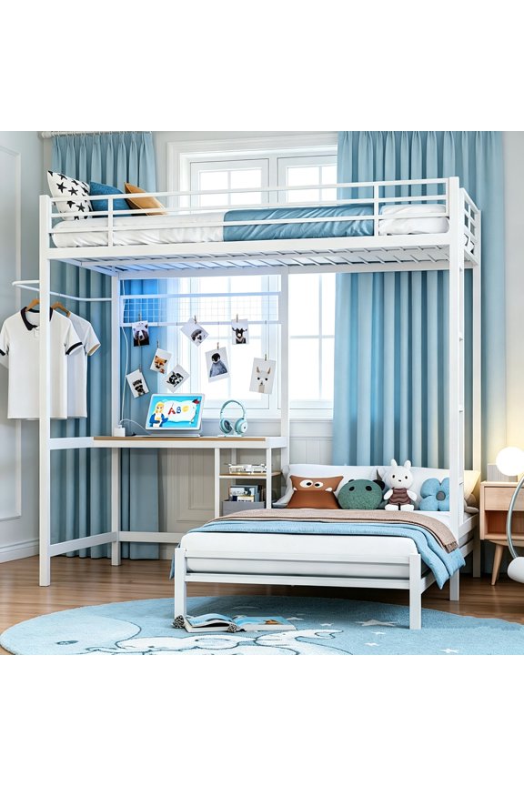 AUU White Twin Over Twin Metal Bunk Bed with Ladder and High Guardrail  Splittable into Two Beds, Includes Storage Space, Noise-Free Construction
