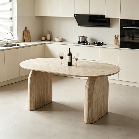 AUU Wood Extendable Dining Table, Modern Oval Kitchen Table with Dual-Pillar Design, Space-Saving for Home Dining and Living Room, Black