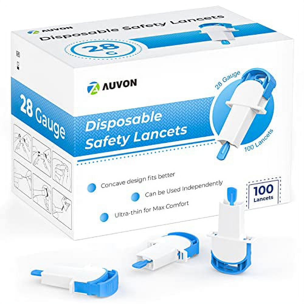 AUVON 2in1 28G Safety Lancets 100 Counts, 1.5mm Depth Push Button