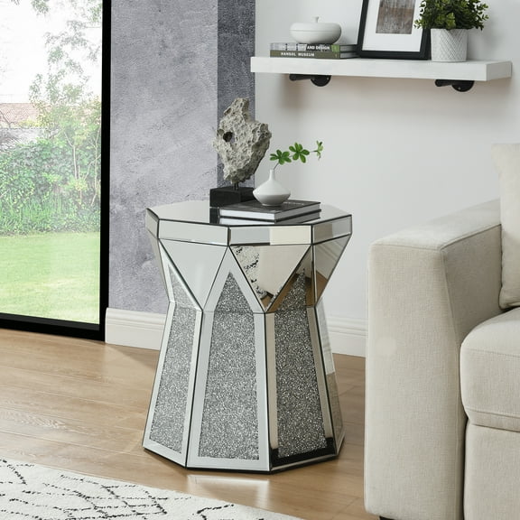 AUWHALEUS Drum End Table Mirrored with Crystal Inlay, Octagonal Silver Accent Sofa Side Table, Small Low Coffee Table for Living Room Fully Assembled