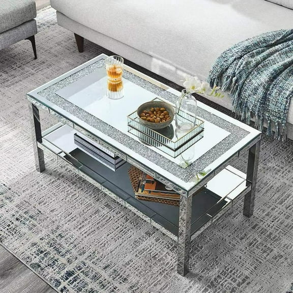 AUWHALEUS Mirrored Coffee Table with Crystal Decor, 2 Tier Glass Coffee Table Center Table for Use in Living Rooms, Office, 39" W x 19.5" D x 19.5" H