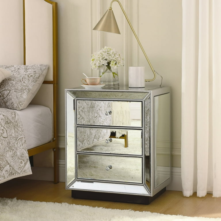 AUWHALEUS Mirrored Nightstand Bedside Table for Bedroom
