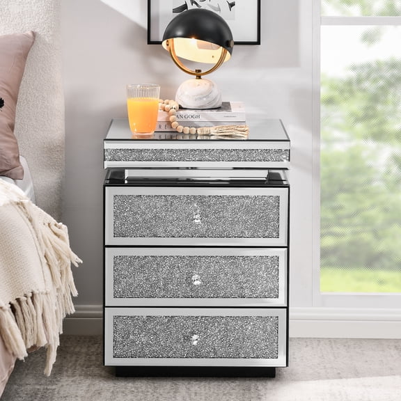 AUWHALEUS Modern Mirrored Nightstand with 3 Drawers, Silver Crystal Inlay, 13.8''W x 17.7''L x 23.6''H