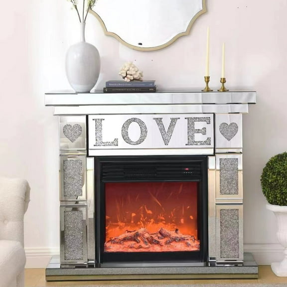 AUWHALEUS Silver Mirror Fireplace Acrylic Diamond, 7 Colors LED Flame Freestanding Fire Place for Living Room