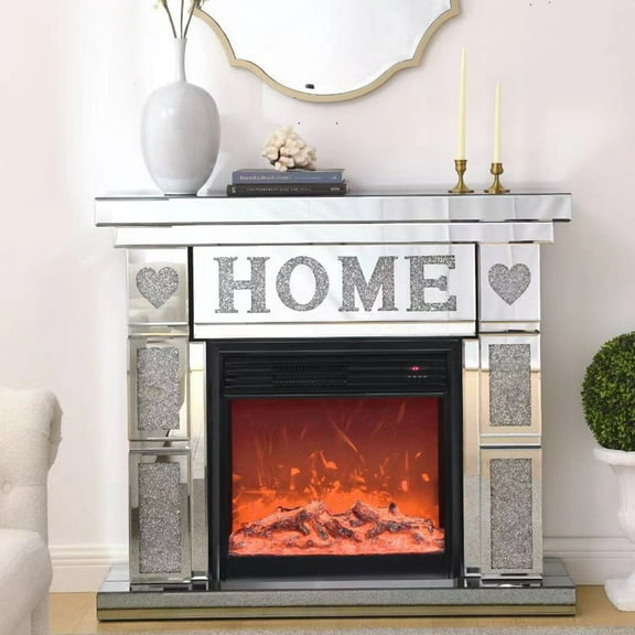 AUWHALEUS Silver Mirrored Fireplace, 7 Colors LED Flame Freestanding Fire Place for Living Room