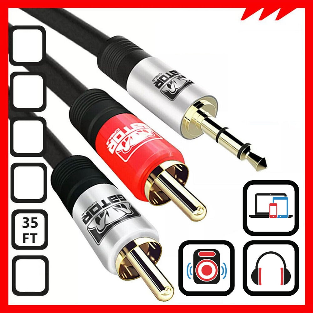 AUX Auxiliary 3.5mm Audio Male to 2 RCA Y Male Stereo Cable Cord Wire Plug, 35FT