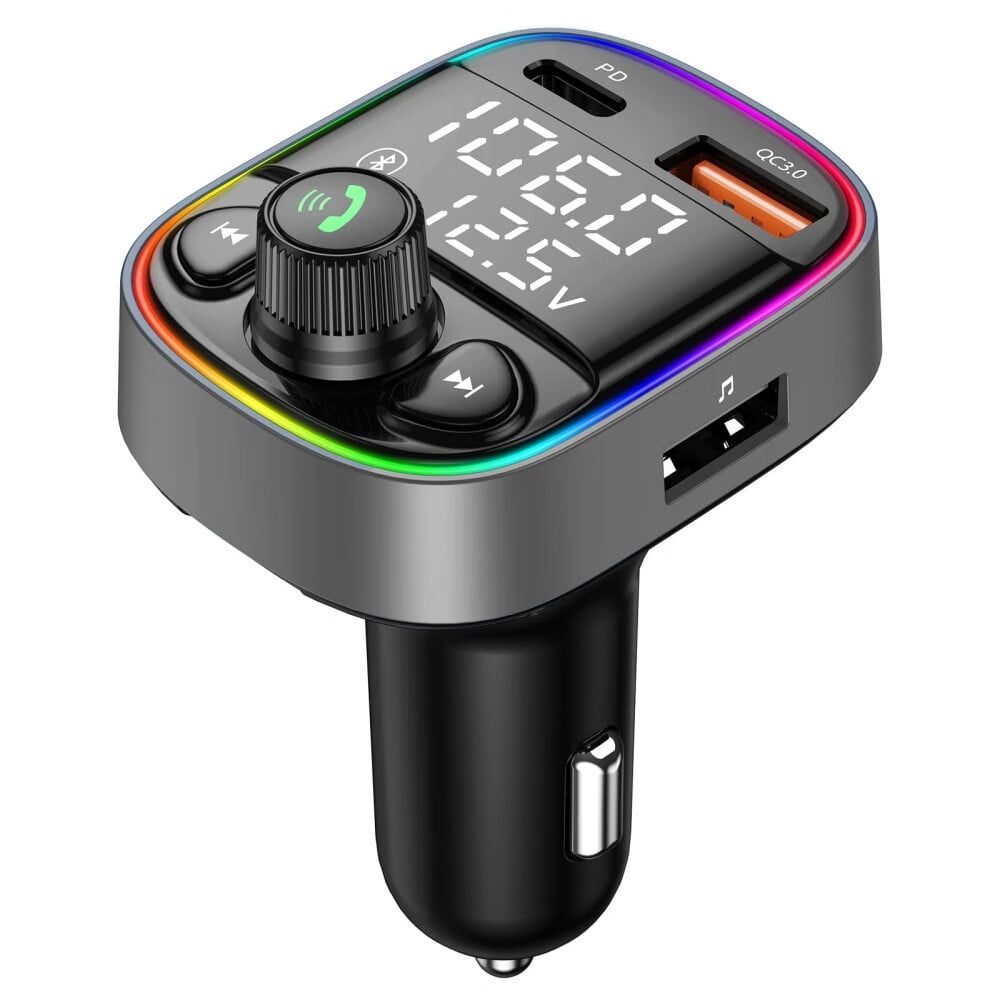 AUX USB C Bluetooth Car Adapter,Wireless Handsfree Call,FM Transmitter  Radio Receiver,QC3.0 & Type-C Car Charger,7 Color Backlit with 2 LED  Displays,TF Card & Music Stereo Player