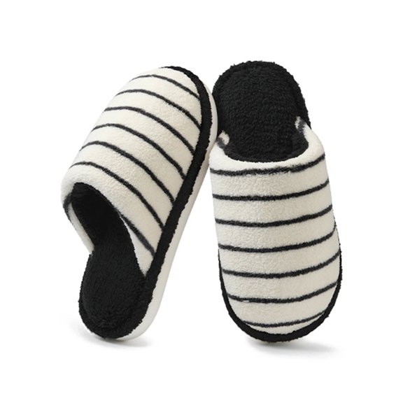 AUXDIQ Women Men Comfort House Slippers Warm Home Shoes Striped Fluffy Slides, Black, 13/14 US