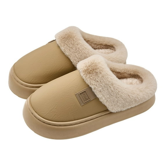 AUXDIQ Women Men Comfortable Fleece Winter Slippers Warm Slip-on House Shoes Indoor Outdoor, Khaki, 5/6 US