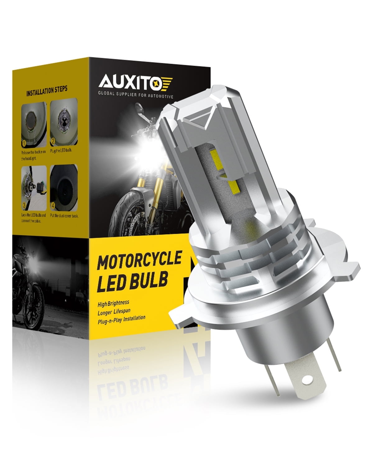 AUXITO H4 LED Headlight Bulb Motorcycle, 9003 HB2 LED Light 6000K White for  High and Low Hi/Lo Beam 1860 CSP LED Chips, Pack of 1