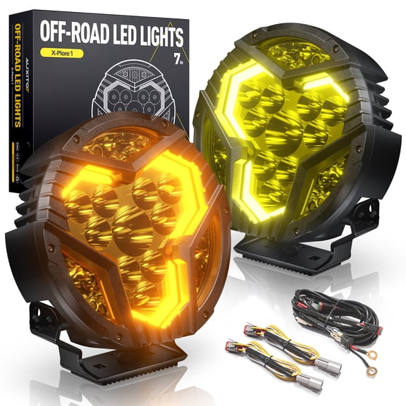 AUXITO X-Plore 1 Series 7 Inch 115W Off-Road Driving Lights, Switchback Amber/Golden DRL, IP67 IP69K Waterproof Wiring Harness Kit for Trucks Off-Road SUV