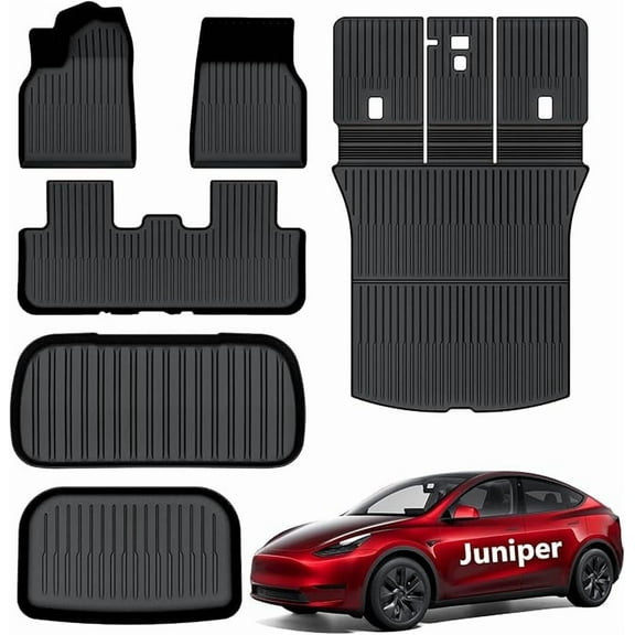 AUXKO All Weather Floor Mats for 2025 2026 New Tesla Model Y Juniper Cargo Mat with Backrest Mat & Front Trunk Liner & Rear Cargo Mat Car Full Set TPE Liners Accessories Guard Odorless Anti-Slip Mats